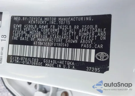 2015 Toyota Avalon Xle Touring z USA, uszkodzony, nr VIN 4T1BK1EB3FU190540